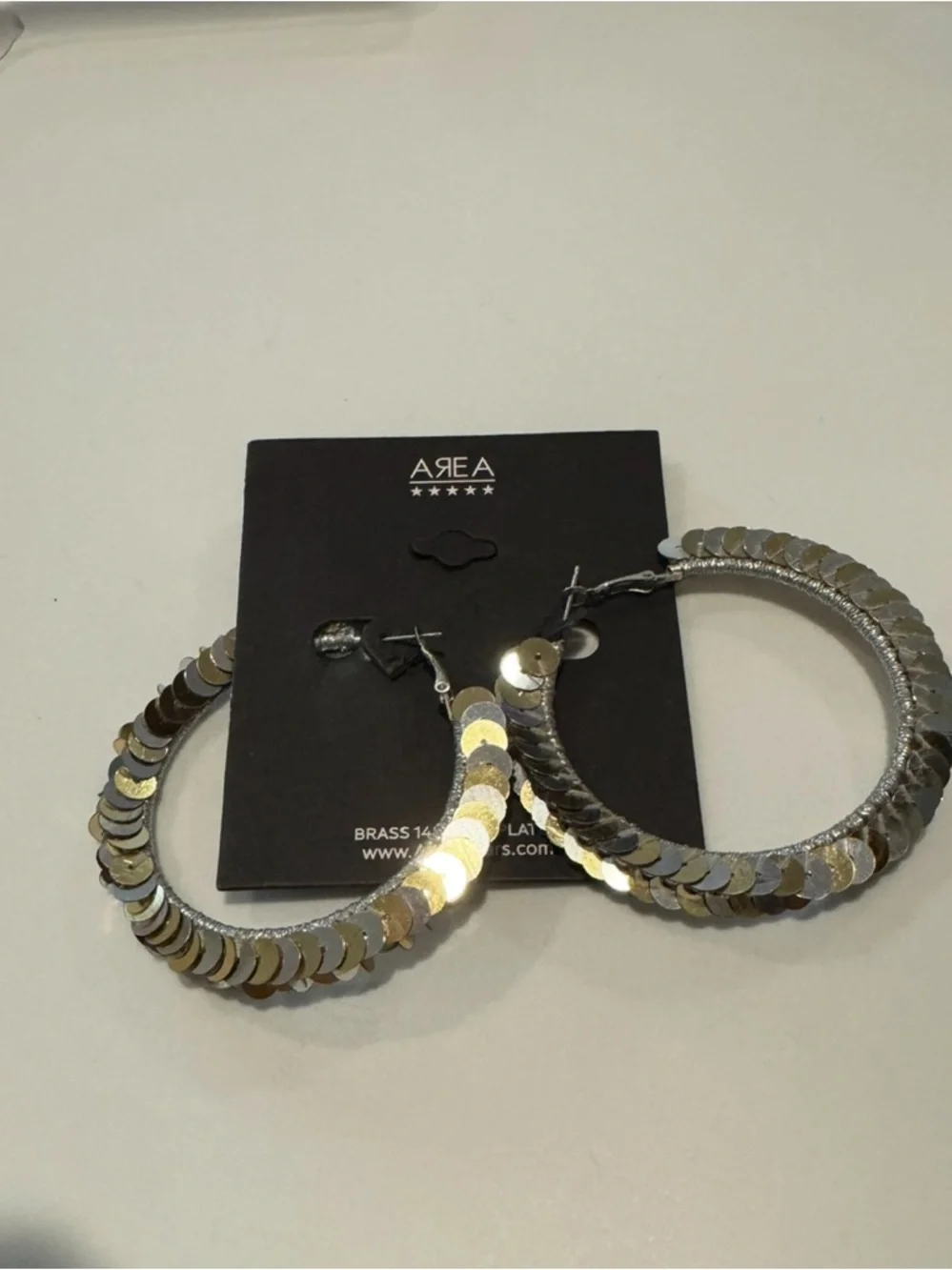 New AREA Gold & Silver Sequin Hoop Statement Earrings 14k Gold Plated Brass - Picture 2 of 4
